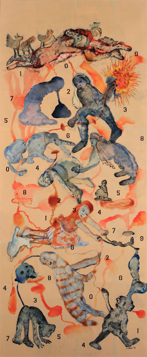 Nalini Malani:  Radha , 2006, acrylic and enamel reverse painting on mylar sheet, 183 x 82 cm; courtesy IMMA